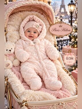 0/3M - PARIS HILTON - Light pink Baby Quilted Hooded One-Piece Snowsuit.